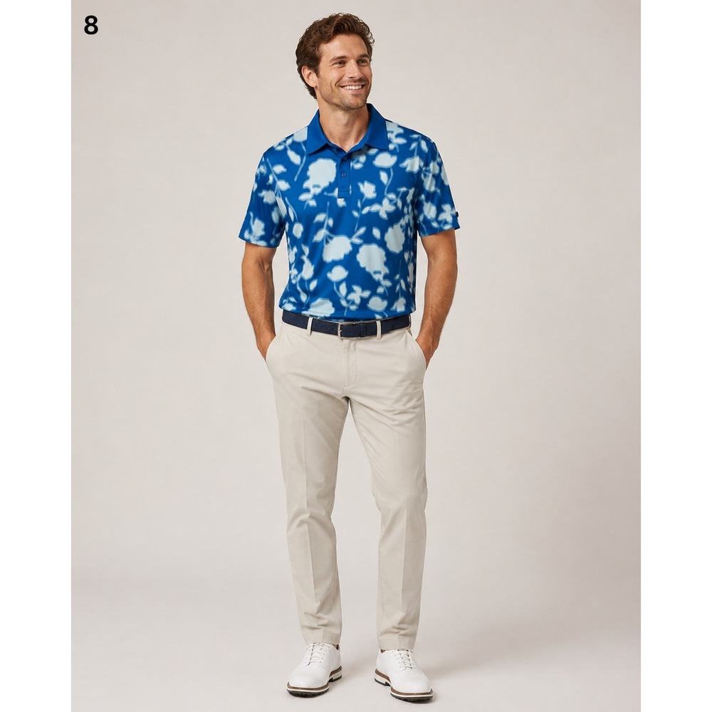 G/FORE Performance Golf Polo Shirt Mens Large Blue White Floral Silhouette